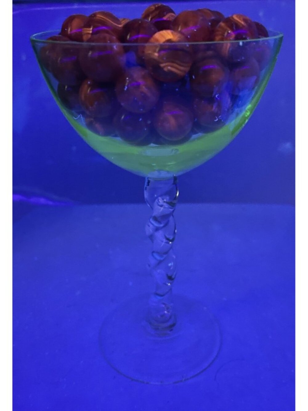 Vintage UV Reactive Uranium & Cadmium Glass Goblet w Marble Bubbles Eclectic Art